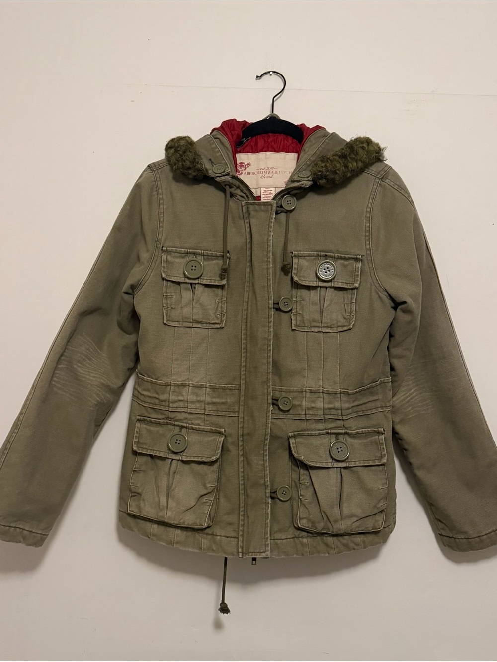Abercrombie & Fitch Kids Olive Green Utility Puffer Jacket with Faux Fur Trim